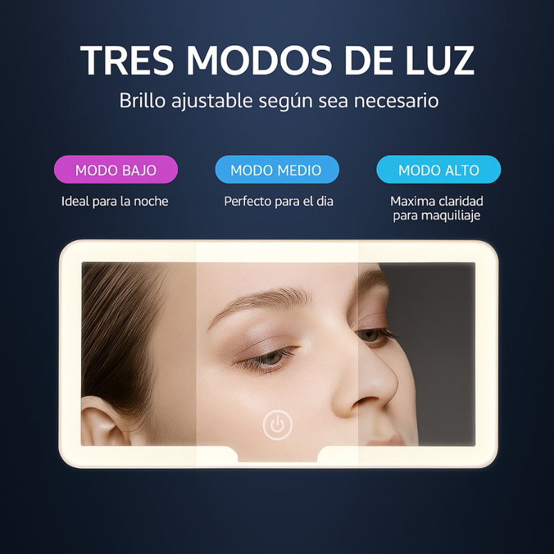 AutoGlam™:  Espejo LED con Luz Ajustable, Carga USB y Montaje universal para Auto