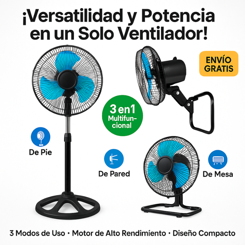 BreezeBoost StandFan™: Ventilador de Pedestal, Piso y Pared 3 en 1, 18 pulgadas.