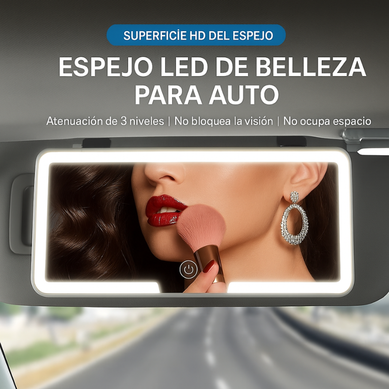 AutoGlam™:  Espejo LED con Luz Ajustable, Carga USB y Montaje universal para Auto