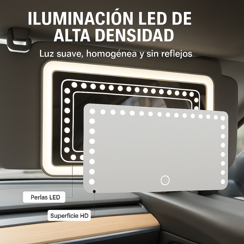 AutoGlam™:  Espejo LED con Luz Ajustable, Carga USB y Montaje universal para Auto