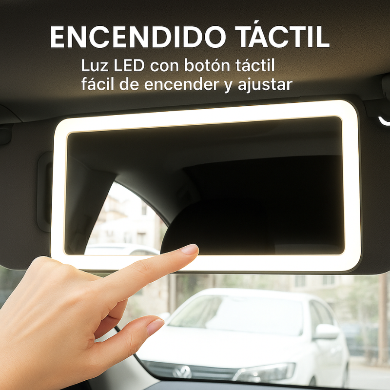 AutoGlam™:  Espejo LED con Luz Ajustable, Carga USB y Montaje universal para Auto