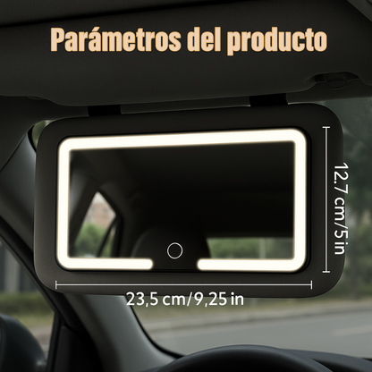 AutoGlam™:  Espejo LED con Luz Ajustable, Carga USB y Montaje universal para Auto