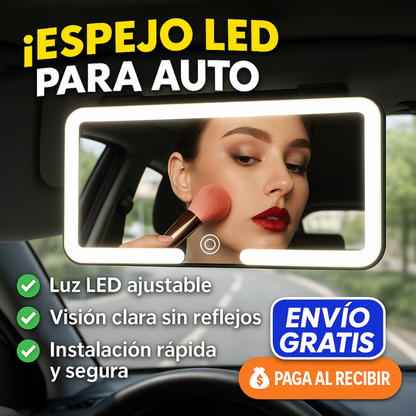 AutoGlam™:  Espejo LED con Luz Ajustable, Carga USB y Montaje universal para Auto