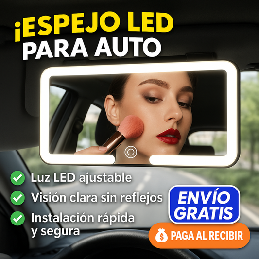 AutoGlam™:  Espejo LED con Luz Ajustable, Carga USB y Montaje universal para Auto